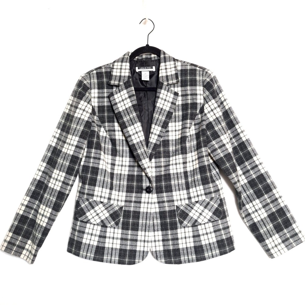 Leslie Fay Womens Plaid Blazer Jacket Gray White Classic Button Front Career